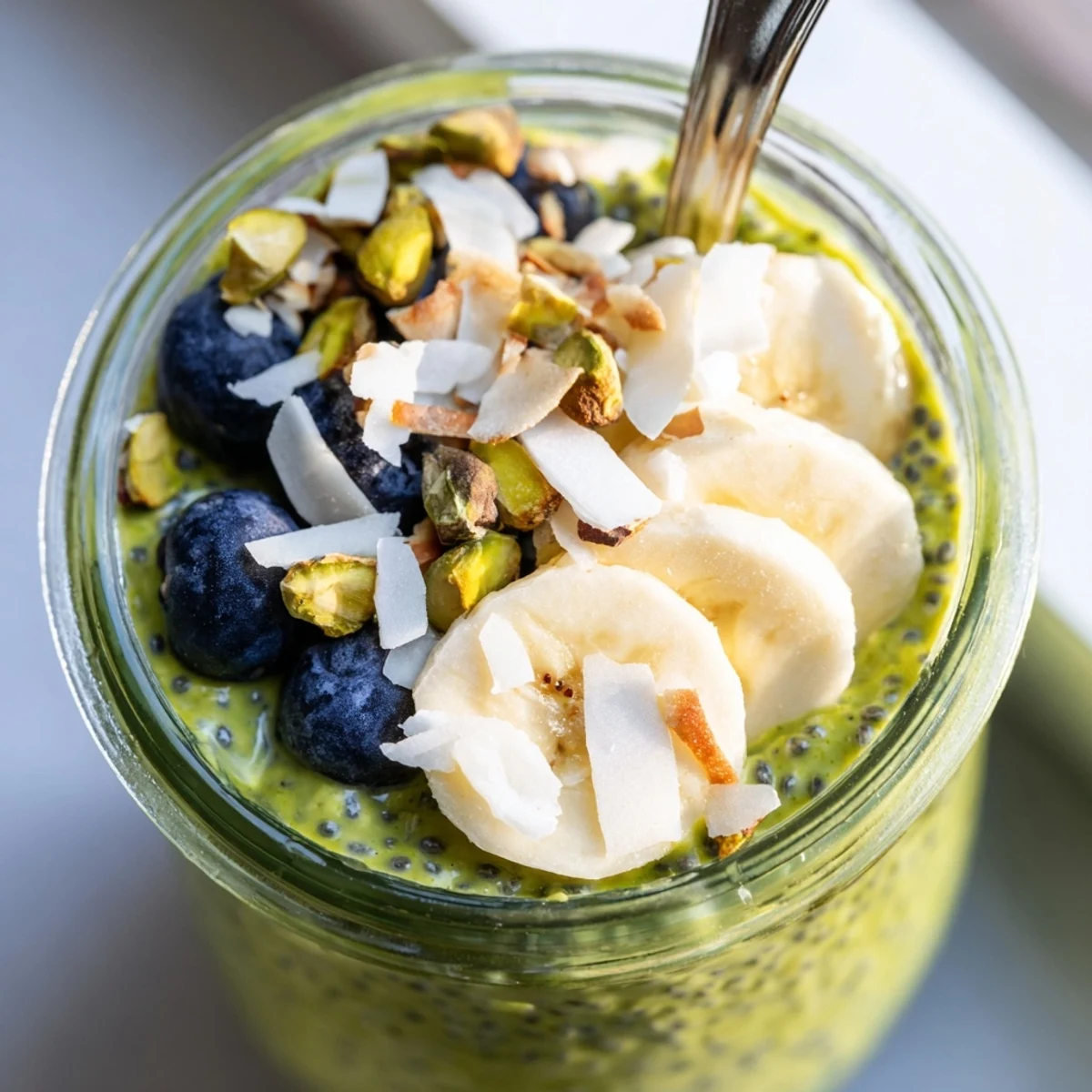 Smooth matcha overnight oats garnished with chopped pistachios and ripe banana slices
