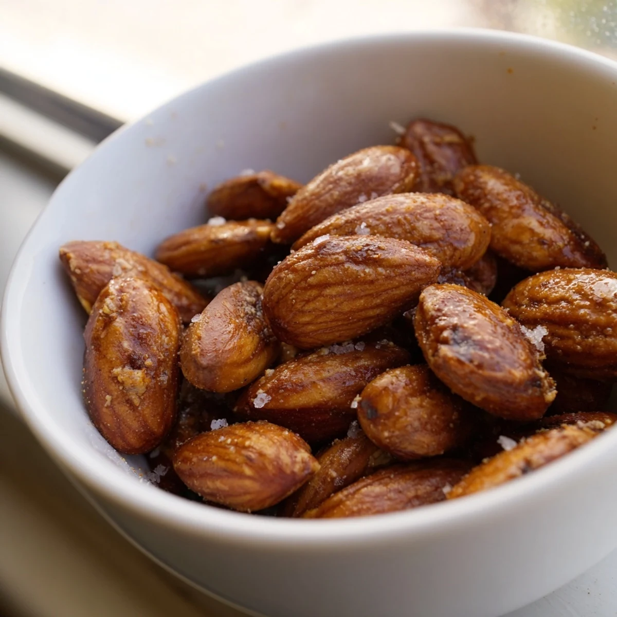 Golden roasted almonds sprinkled with sea salt in a rustic wooden bowl