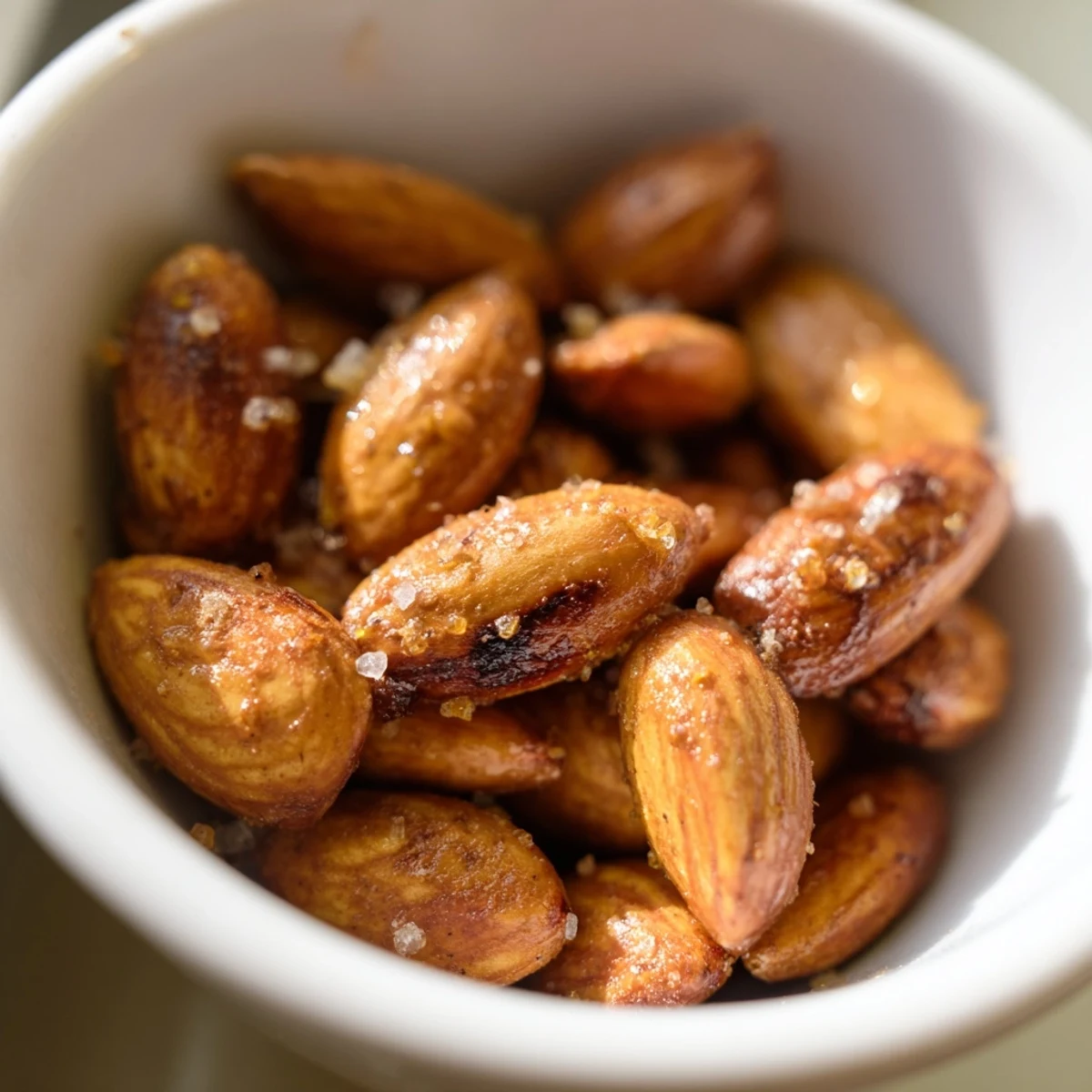 Crunchy spiced roasted almonds spread on parchment fresh from the oven