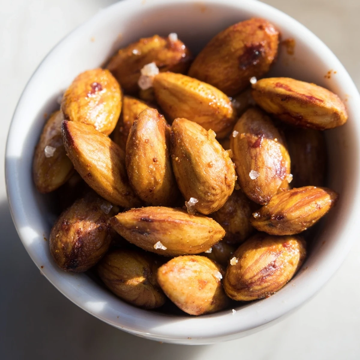 Warm smoked paprika roasted almonds piled in a ceramic serving dish