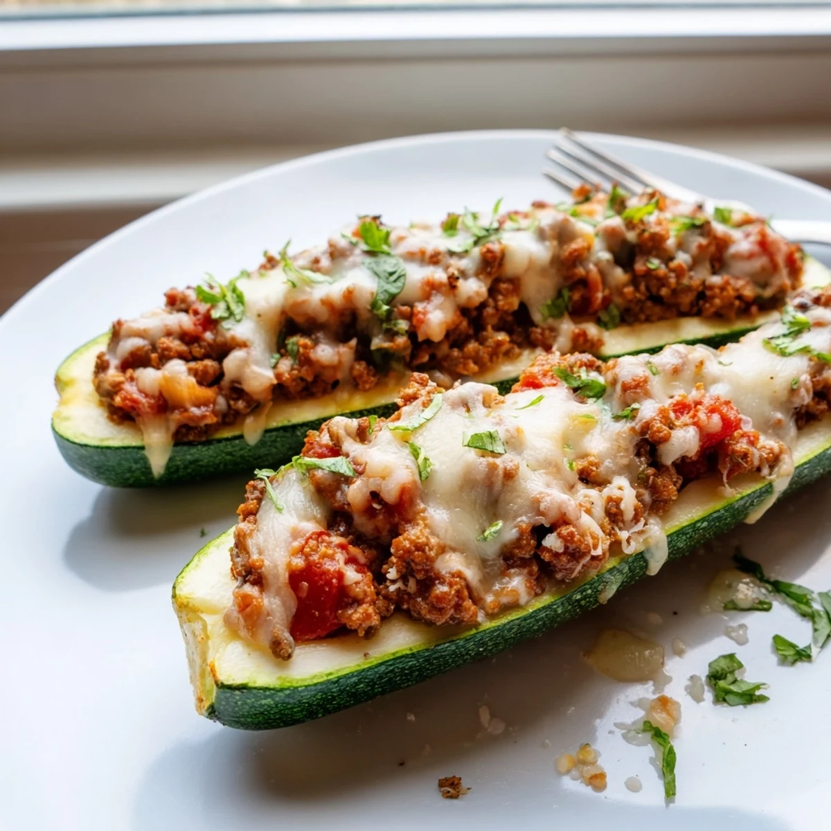 Golden baked stuffed zucchini boats with ground beef and bubbling mozzarella cheese on top