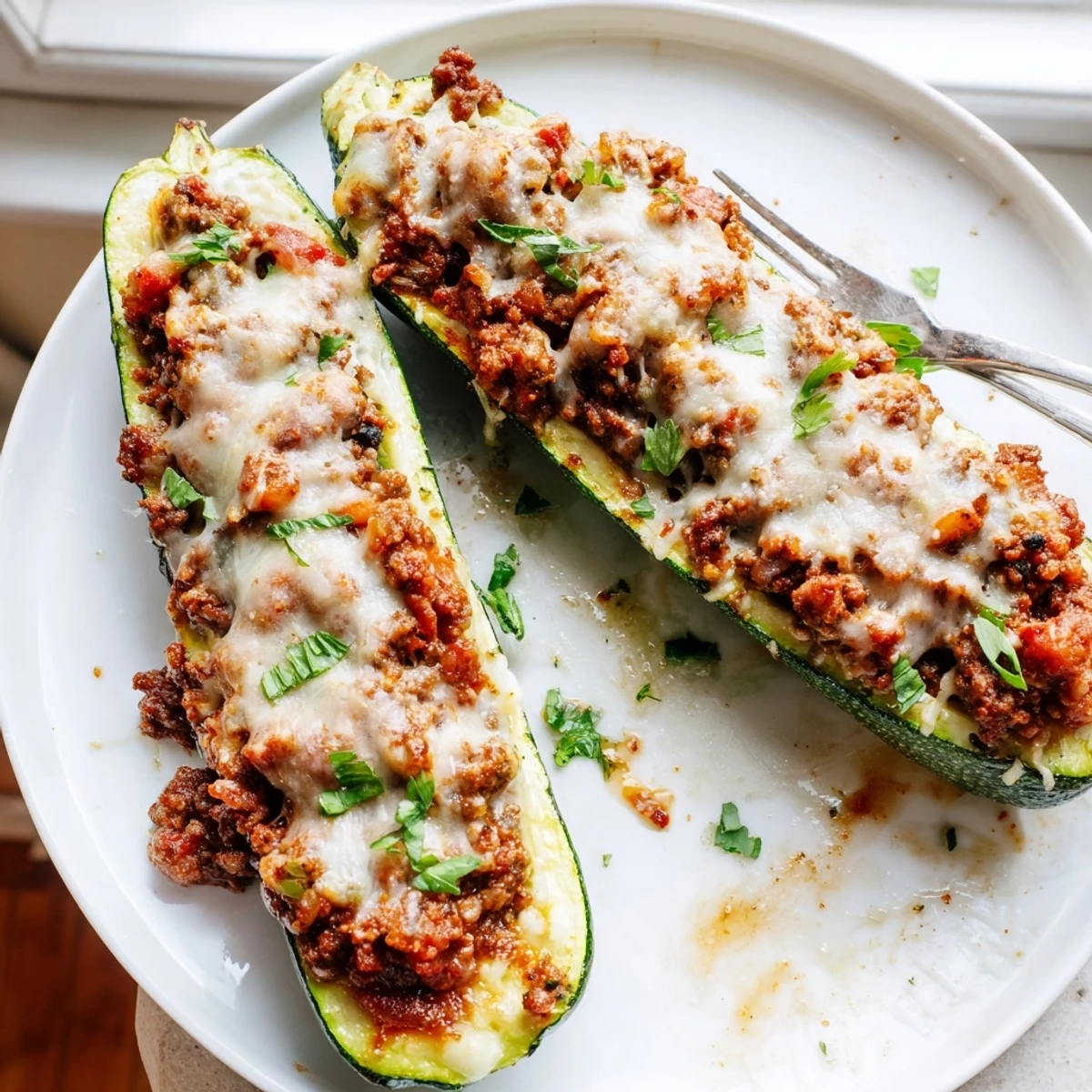 Savory stuffed zucchini boats with ground beef topped with melted cheese and parsley garnish