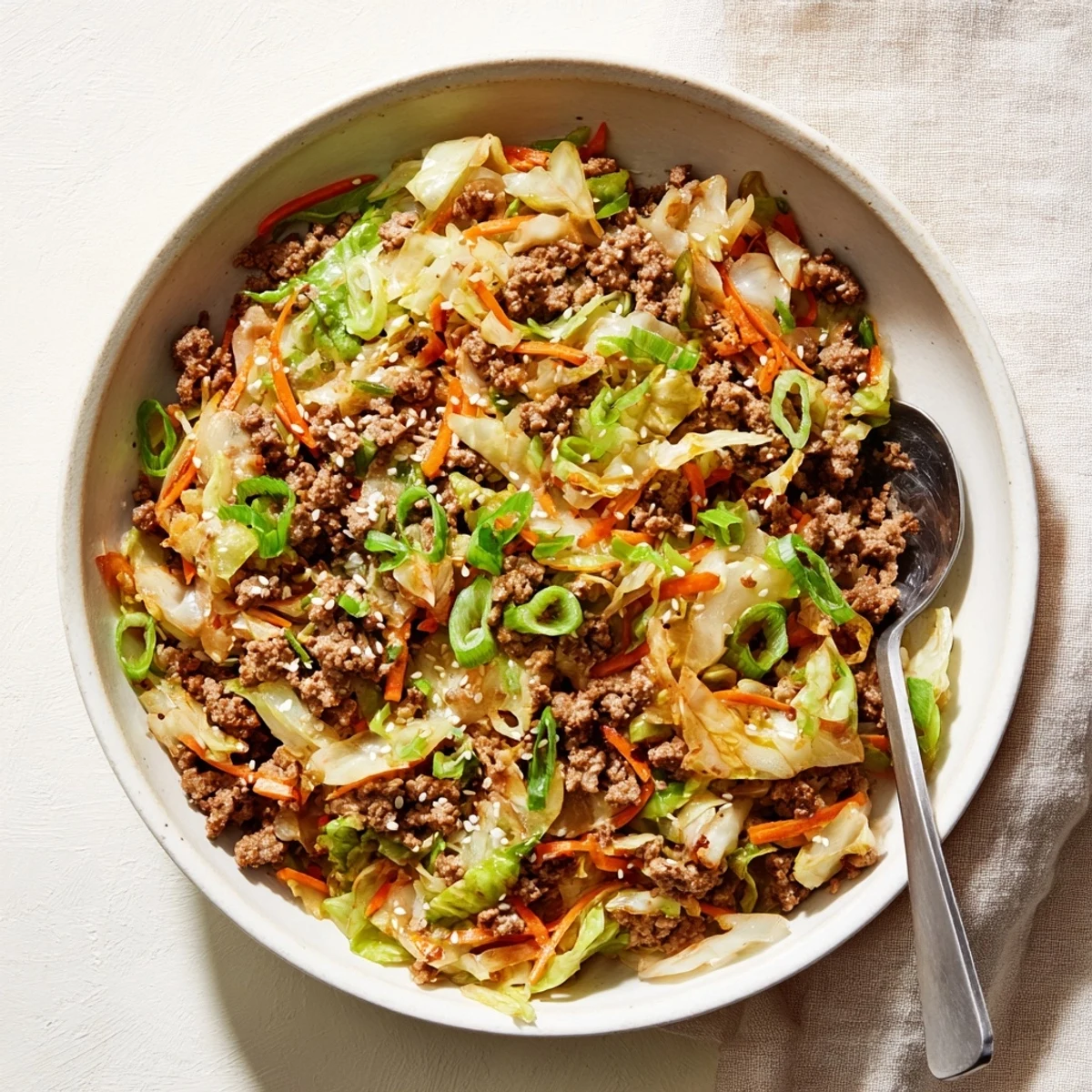 A steaming bowl of keto egg roll in a bowl with savory ground pork and tender cabbage