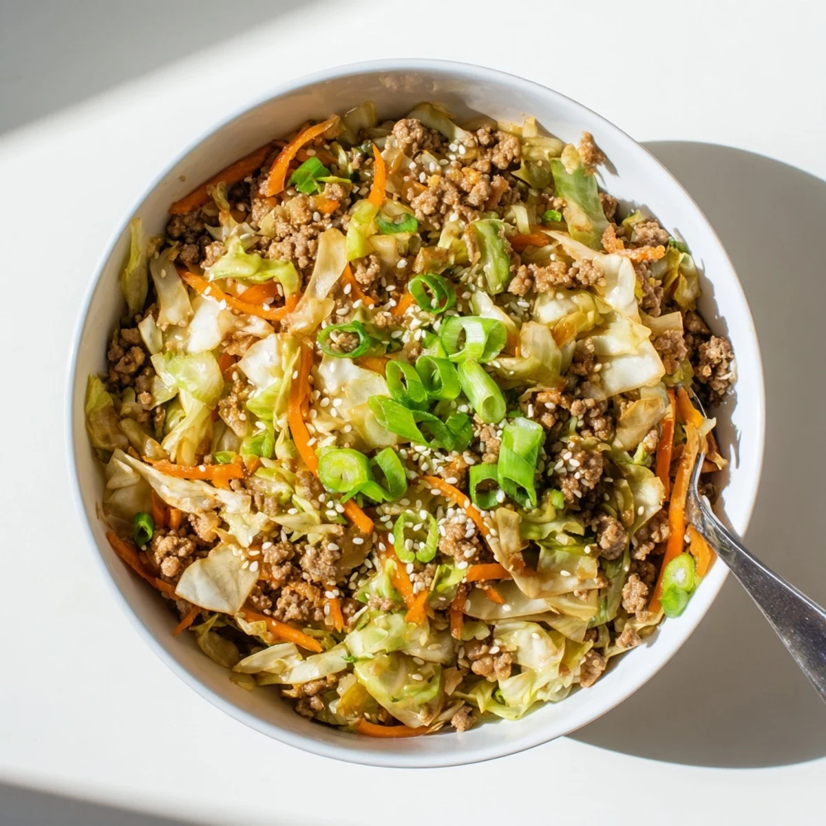 Garnished keto egg roll in a bowl served hot with sesame seeds over shredded carrots