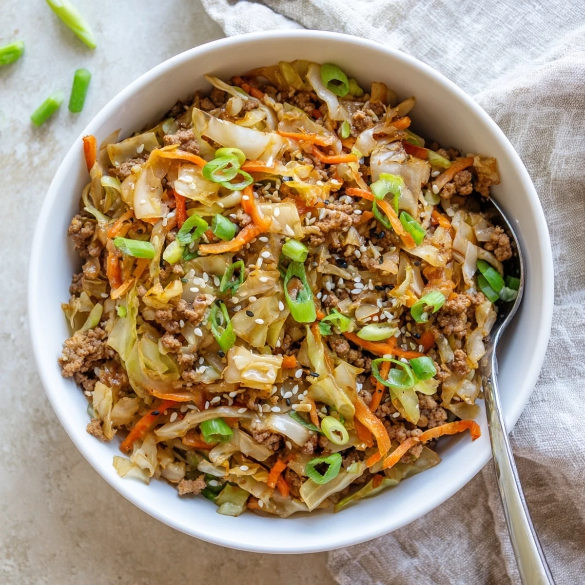 Hearty keto egg roll in a bowl featuring browned pork and crisp veggies in a deep bowl