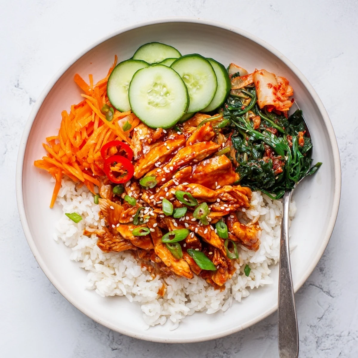 Vegan crispy shredded tofu bulgogi bowl topped with kimchi, cucumber, and a red chili garnish