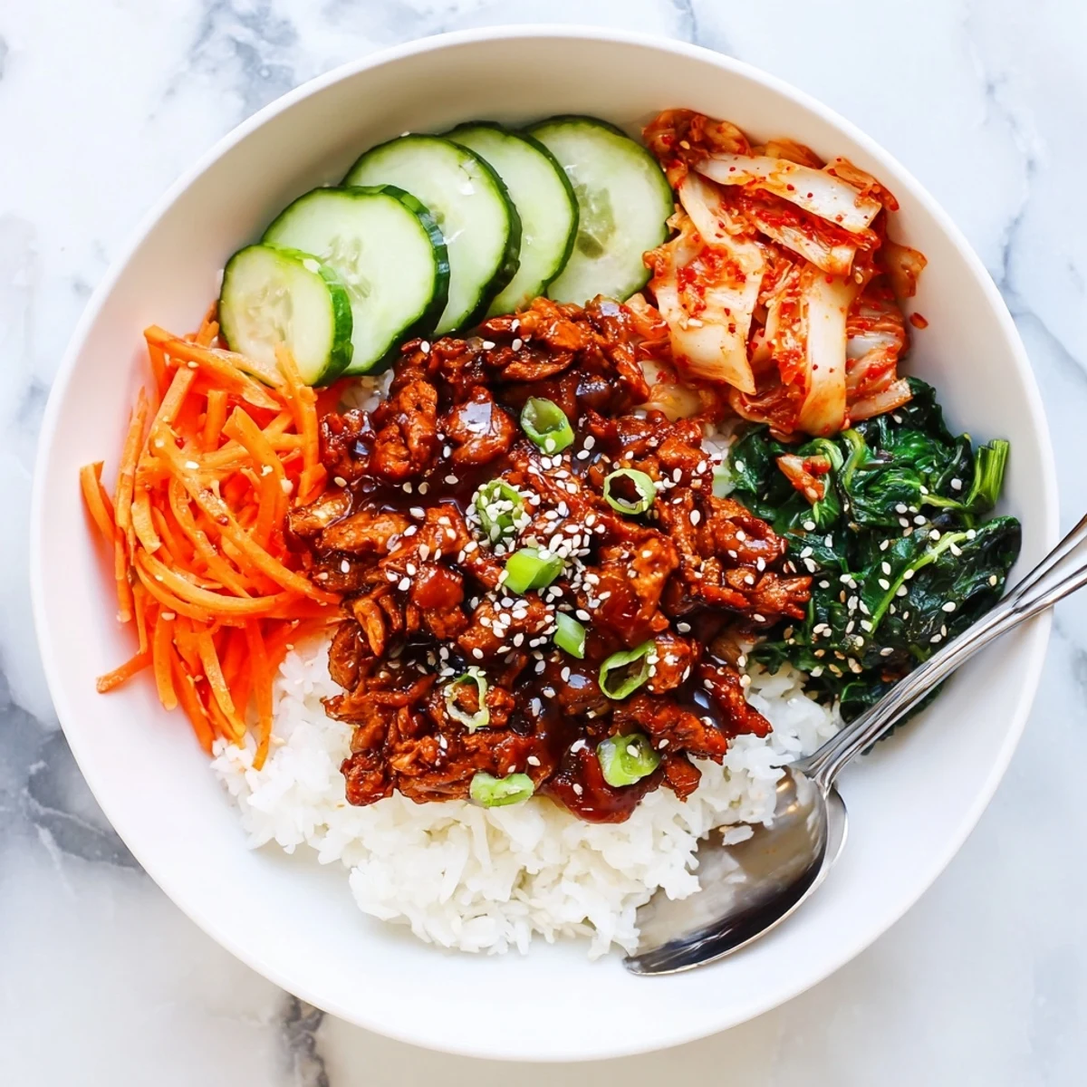 Crispy shredded tofu bulgogi bowl with glazed tofu over warm white rice and julienned veggies