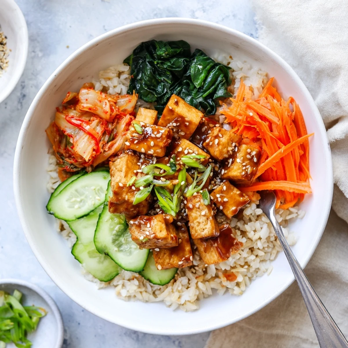 Golden crispy shredded tofu bulgogi bowl served with sautéed spinach and toasted sesame seeds