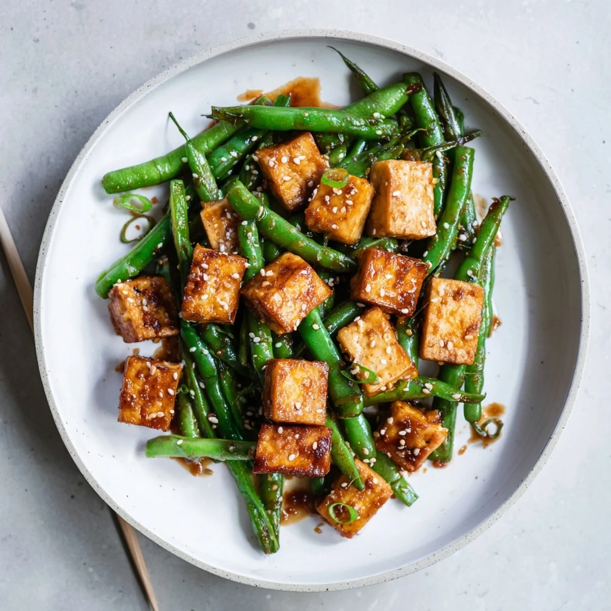 Golden crispy tofu and tender green beans coated in bold black pepper sauce
