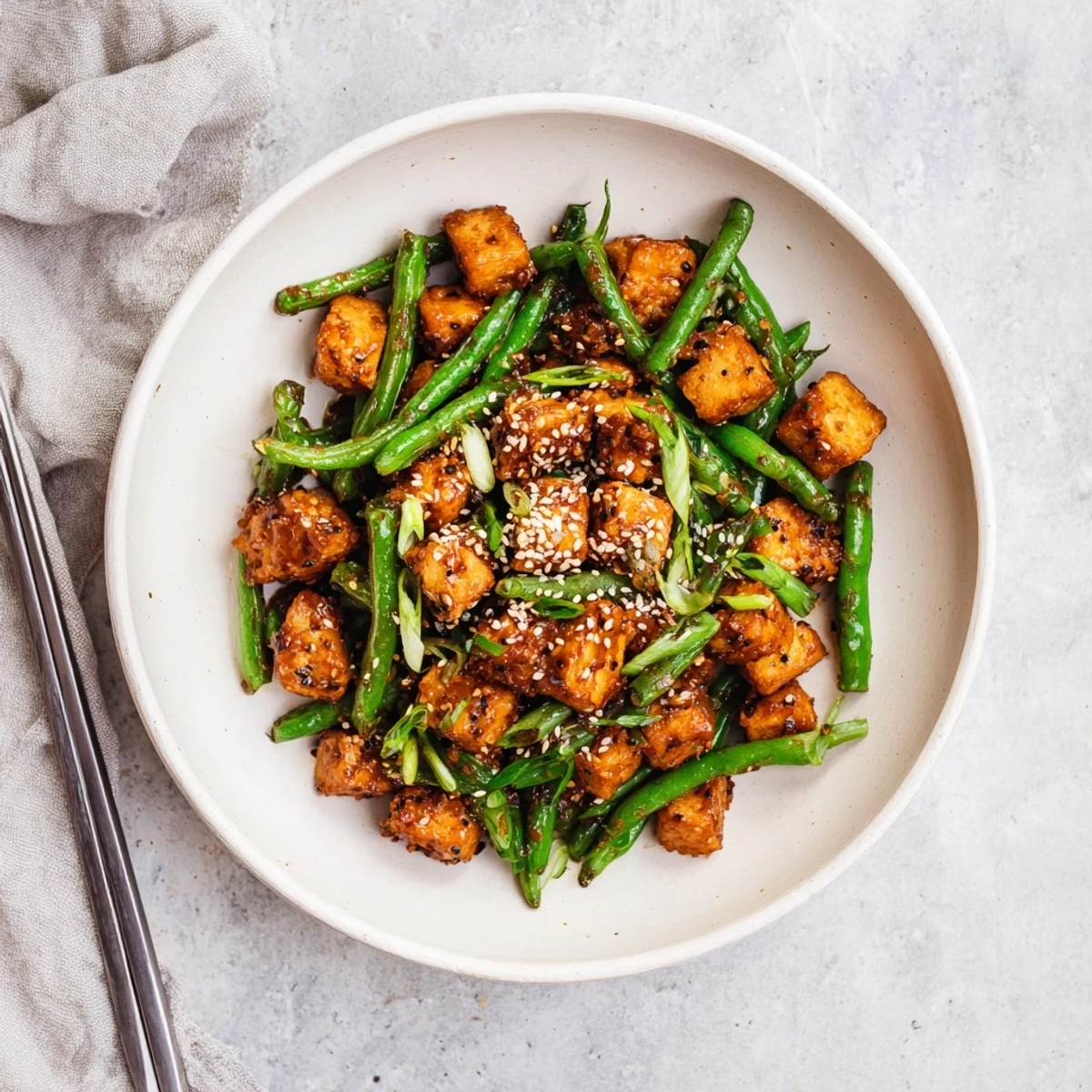 Crispy black pepper tofu green beans dinner plated over steamed white rice