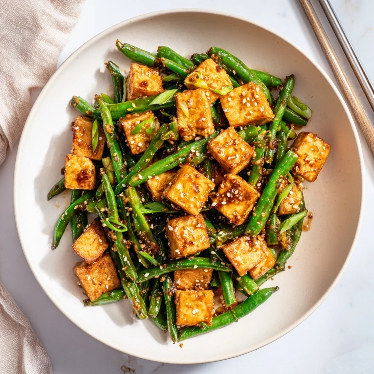 Wok-fried black pepper tofu with bright green beans and sesame seed garnish