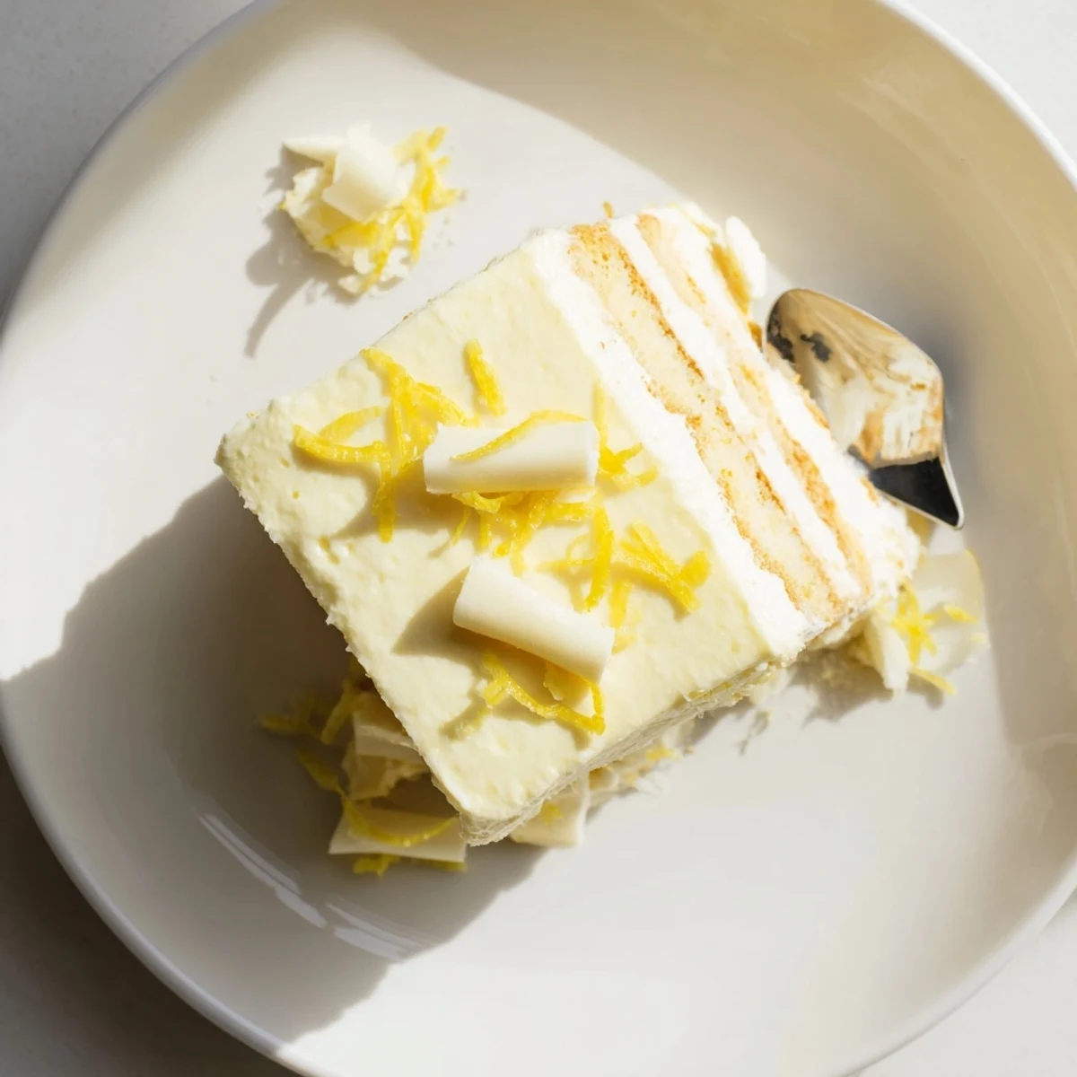No-bake lemon tiramisu sliced in a square dish topped with white chocolate curls