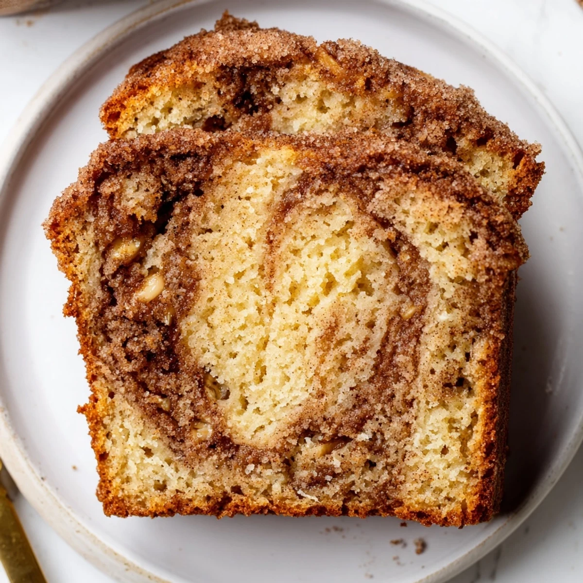 Warm snickerdoodle banana bread loaf sliced on a rustic wooden cutting board