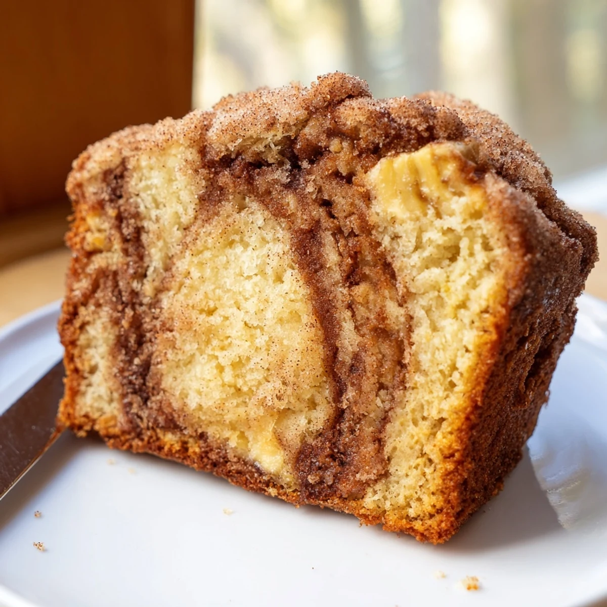 Golden slice of snickerdoodle banana bread with a cinnamon-sugar swirl topping