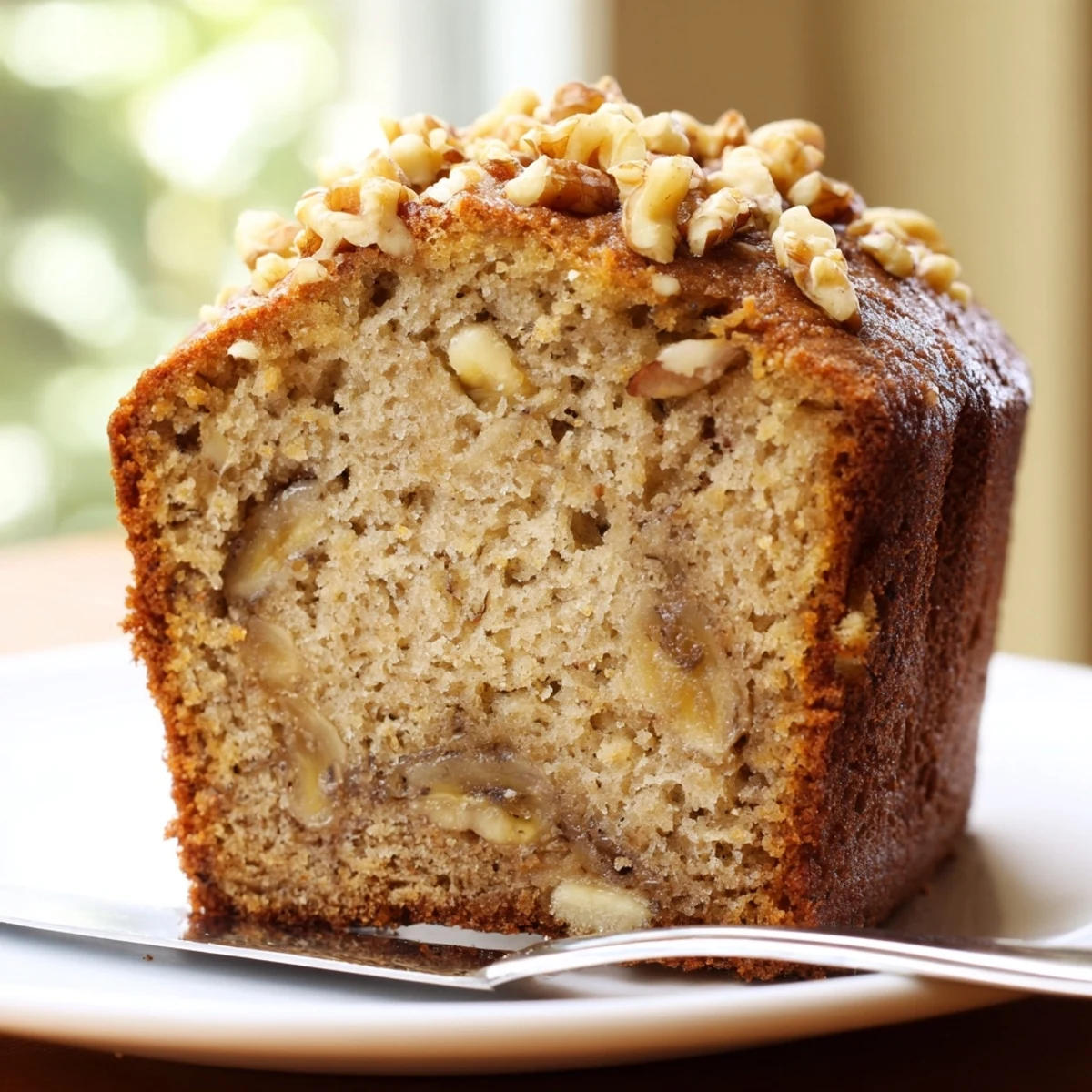 Golden banana nut bread sliced on a rustic cutting board with scattered walnuts