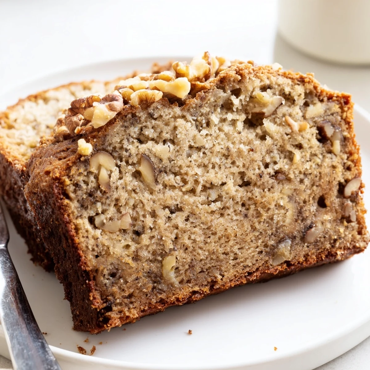 Moist banana nut bread loaf topped with chopped pecans on a wire rack