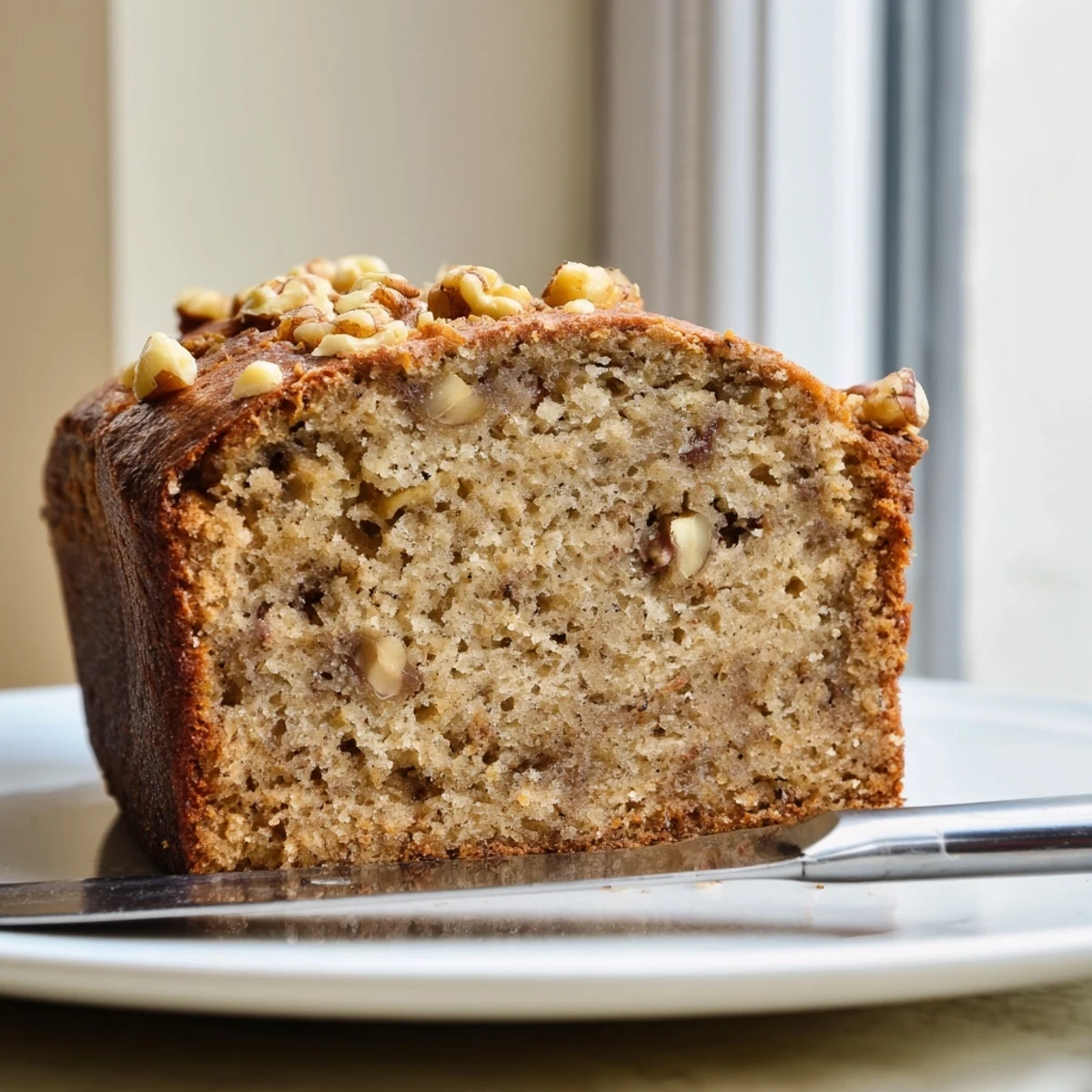 Warm banana nut bread slices stacked next to a cup of morning coffee