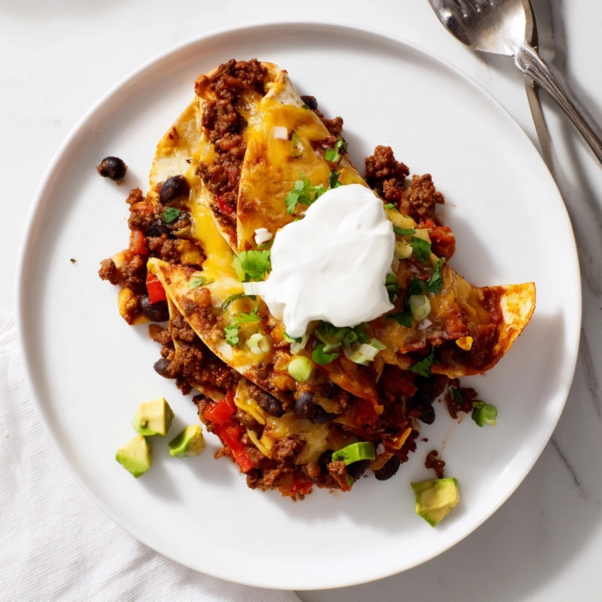 Warm Beef Skillet Enchiladas layered with corn tortillas, black beans, cilantro