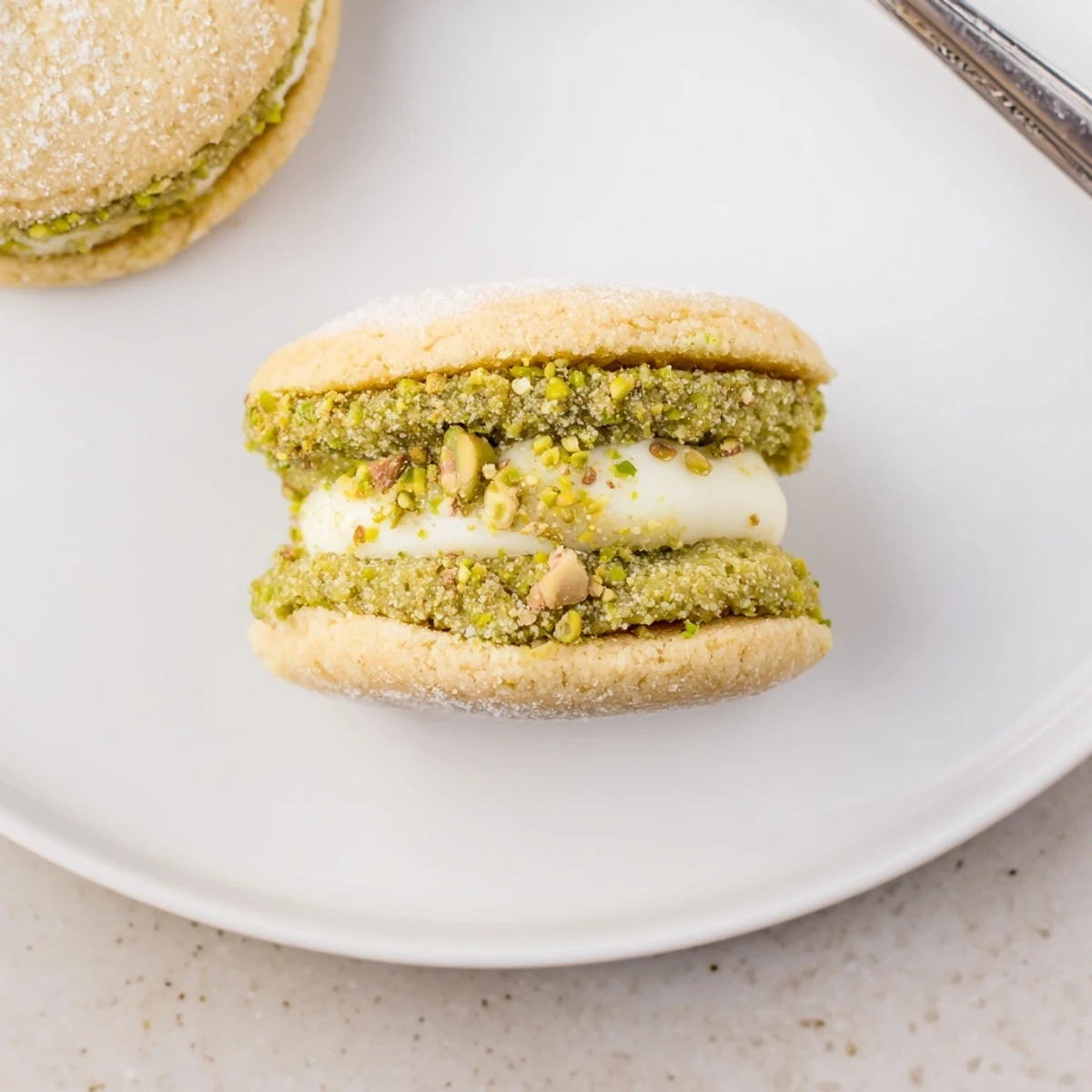 Pistachio Cream Cookies arranged on a wire rack, golden edges, creamy filling.