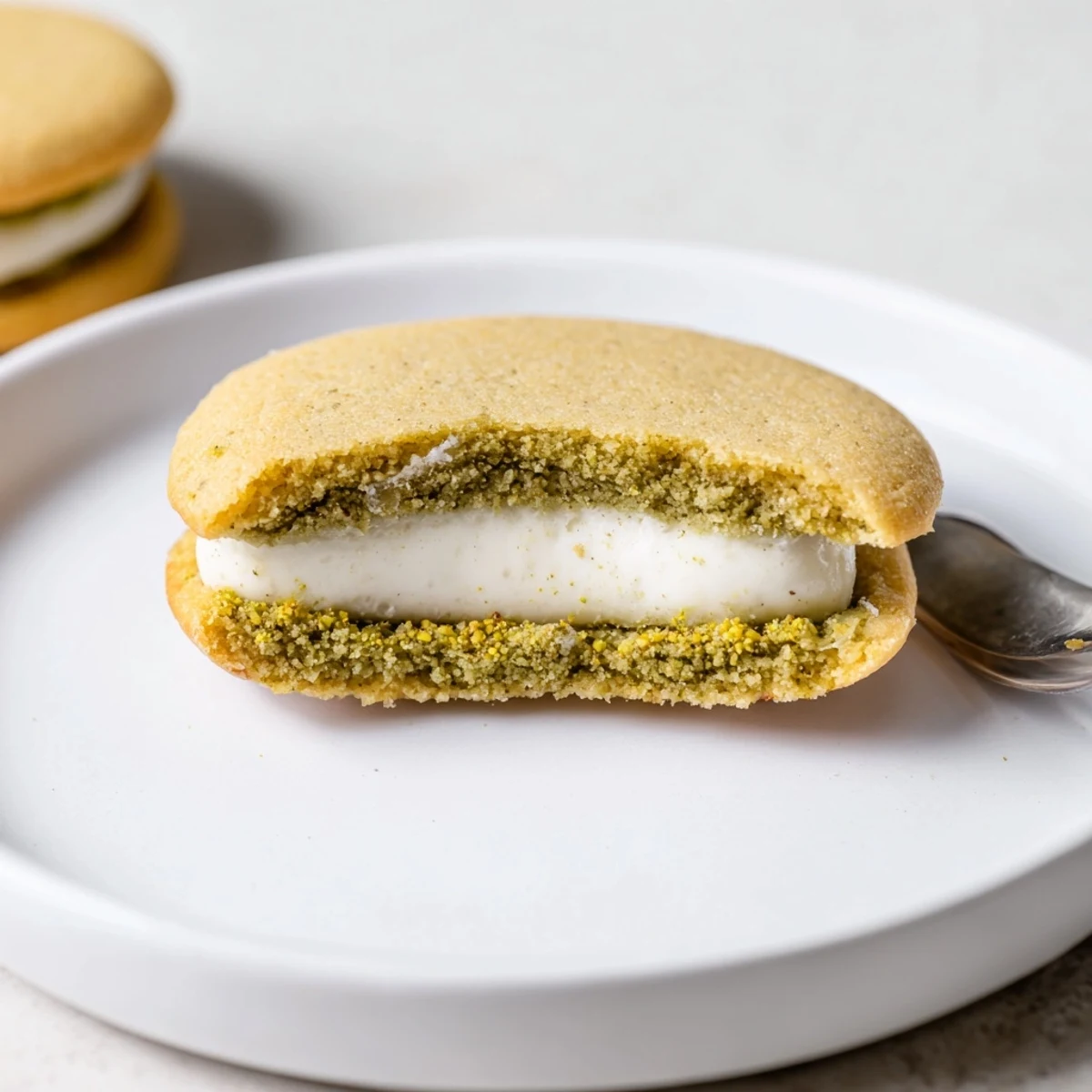 Fresh Pistachio Cream Cookies sandwiched with pale green filling, chopped pistachios.
