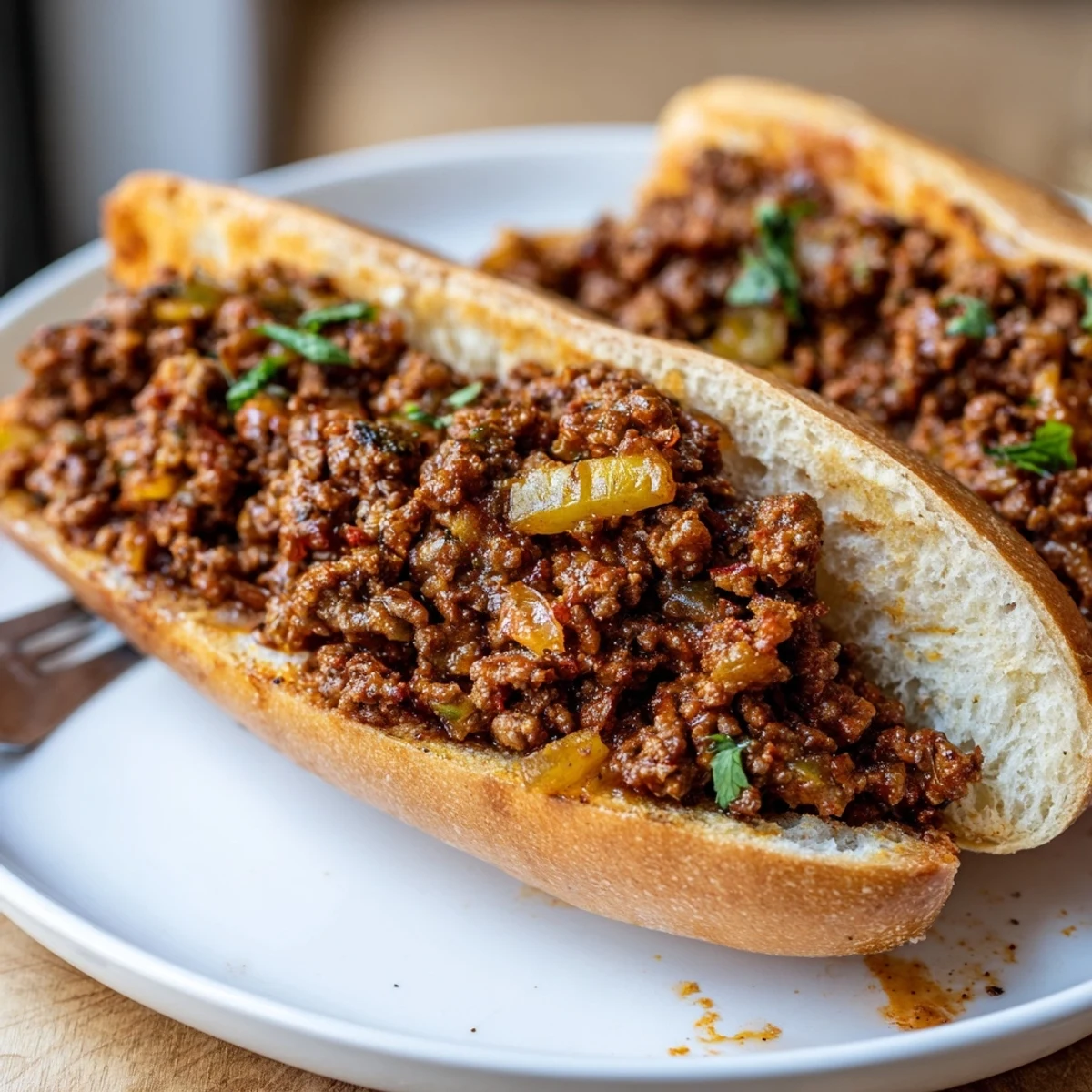 Warm Garlic Bread Sloppy Joes piled with melty mozzarella, aromatic garlic