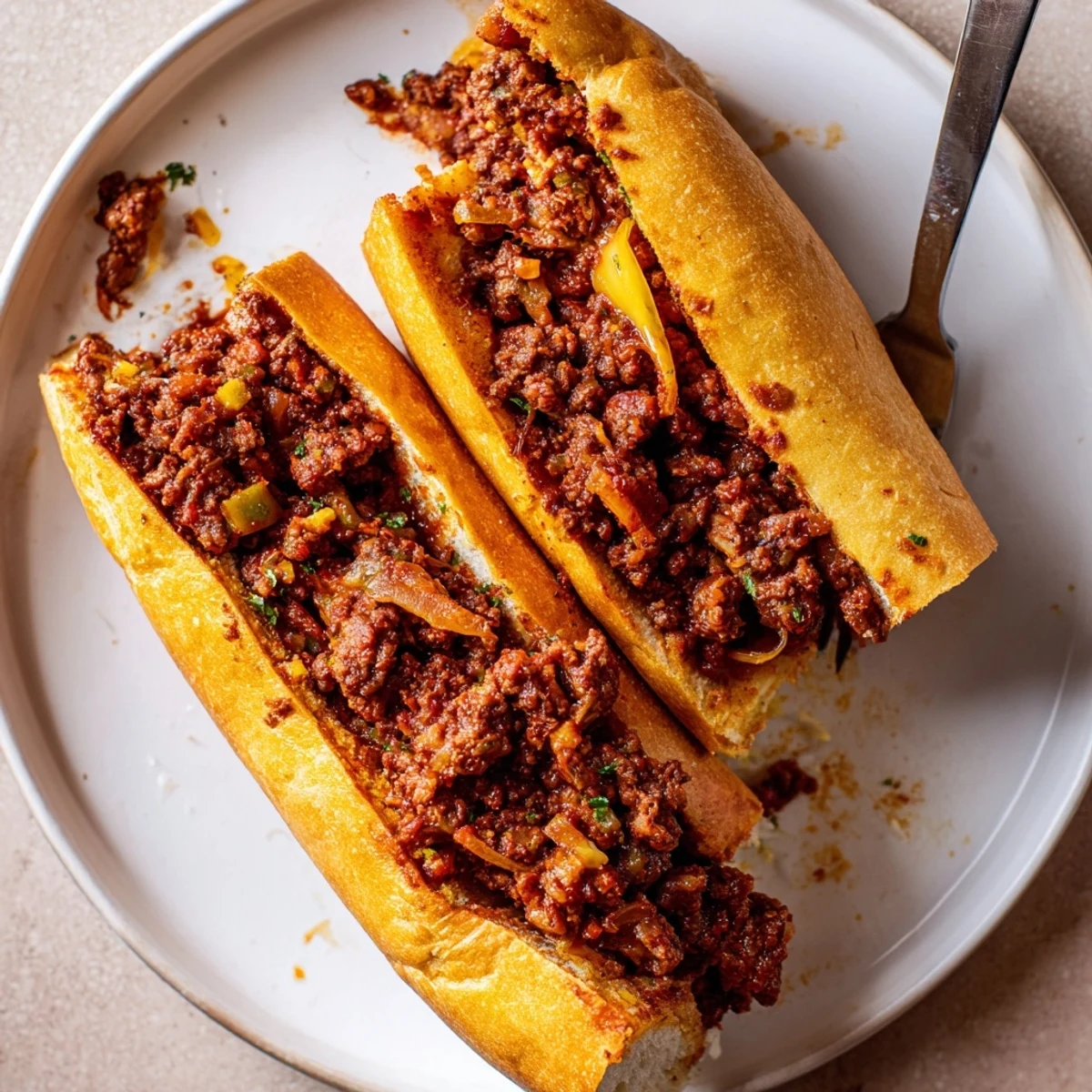Family-style Garlic Bread Sloppy Joes sliced for sharing, juicy beef