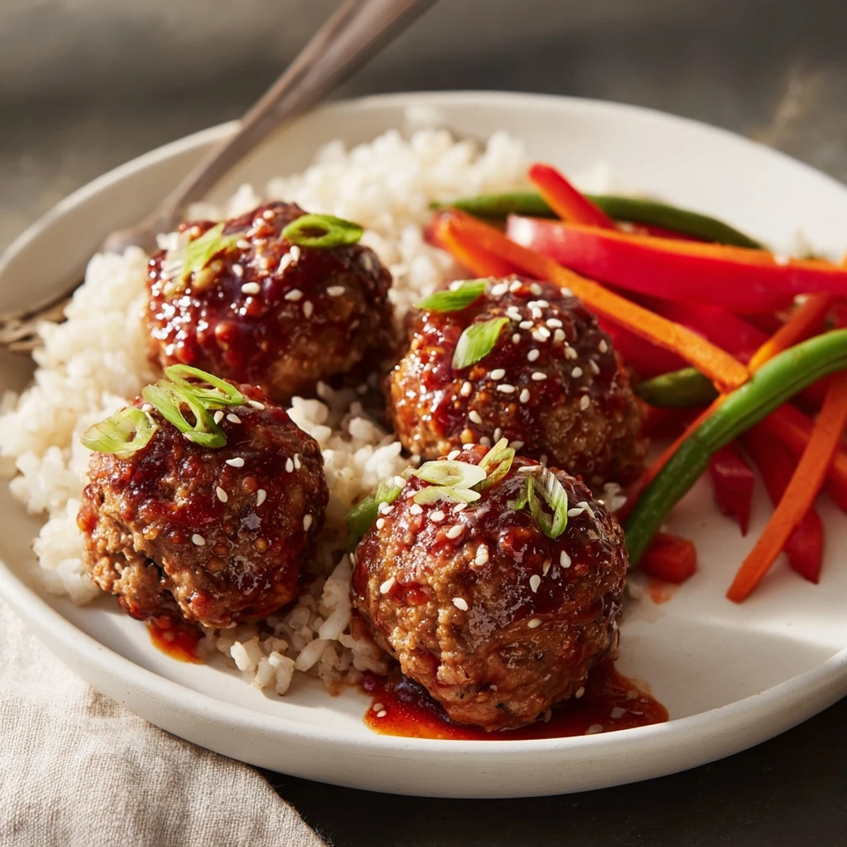 Oven-baked Hello Fresh Firecracker Meatballs tossed in fiery sauce, sprinkled with scallions.