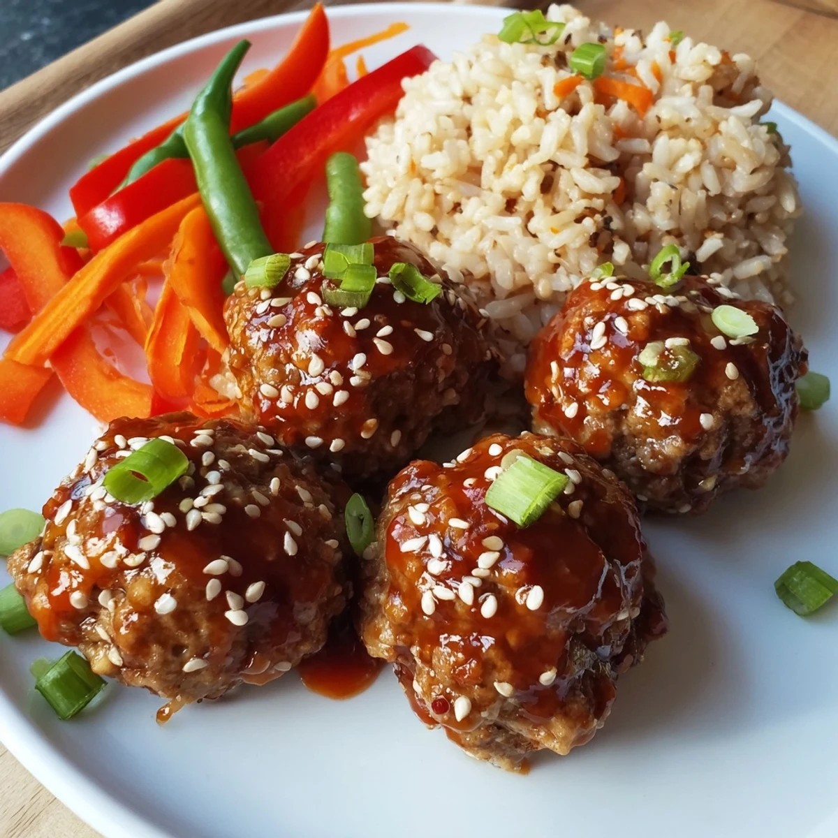 Plated Hello Fresh Firecracker Meatballs steaming, juicy, paired with crisp sauteed vegetables.