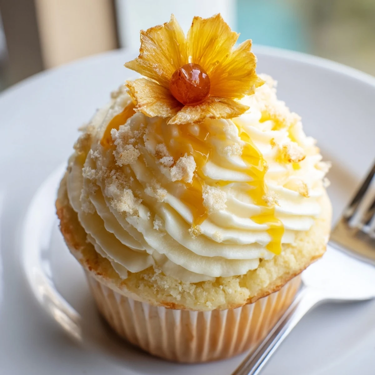 Dole Whip Cupcakes crowned with swirled pineapple cream cheese frosting, cherry