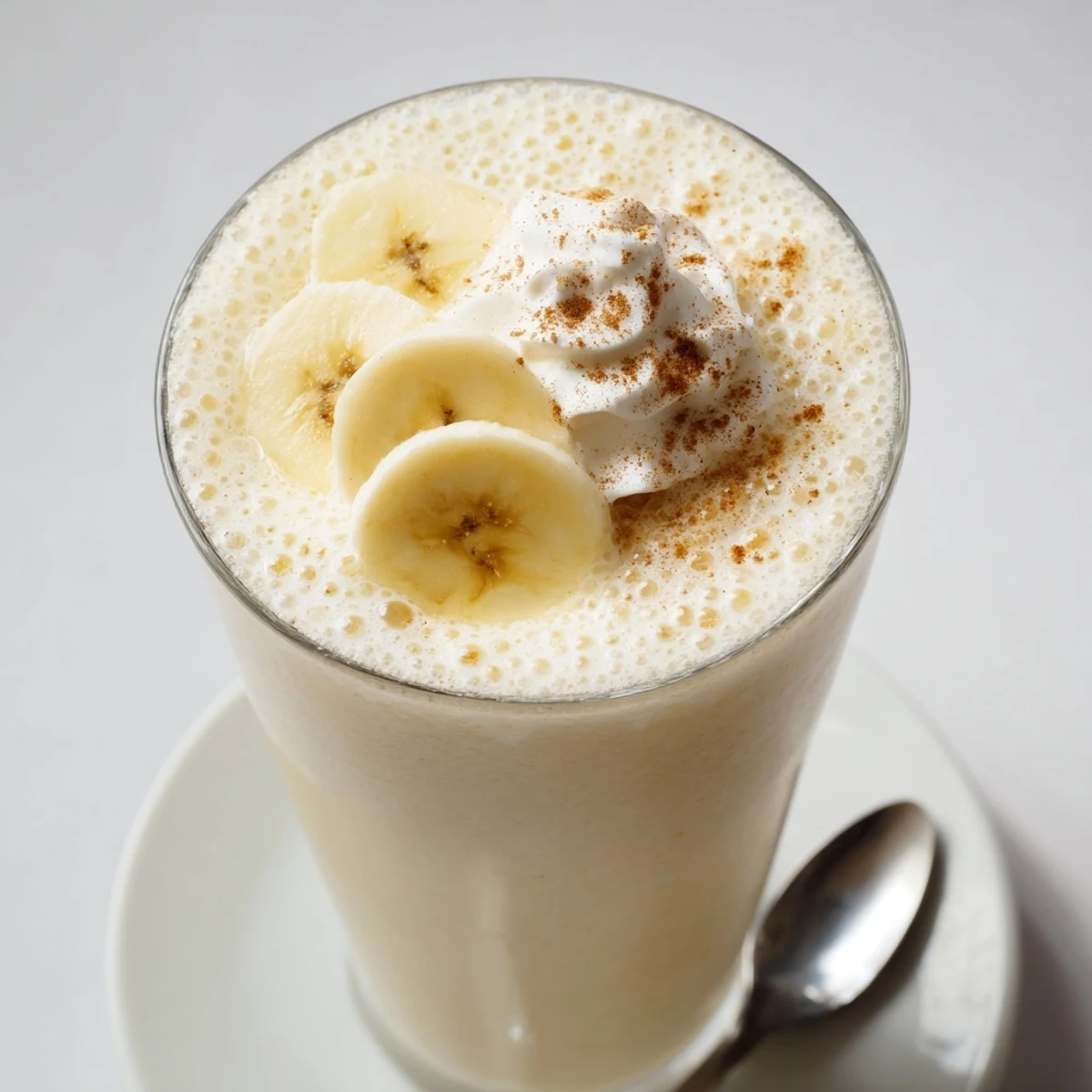 Vanilla Banana Shake in chilled glass, frothy pale yellow topped with cinnamon
