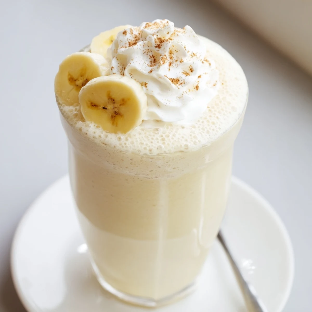 Blender beside glass of Vanilla Banana Shake, velvety creamy texture visible