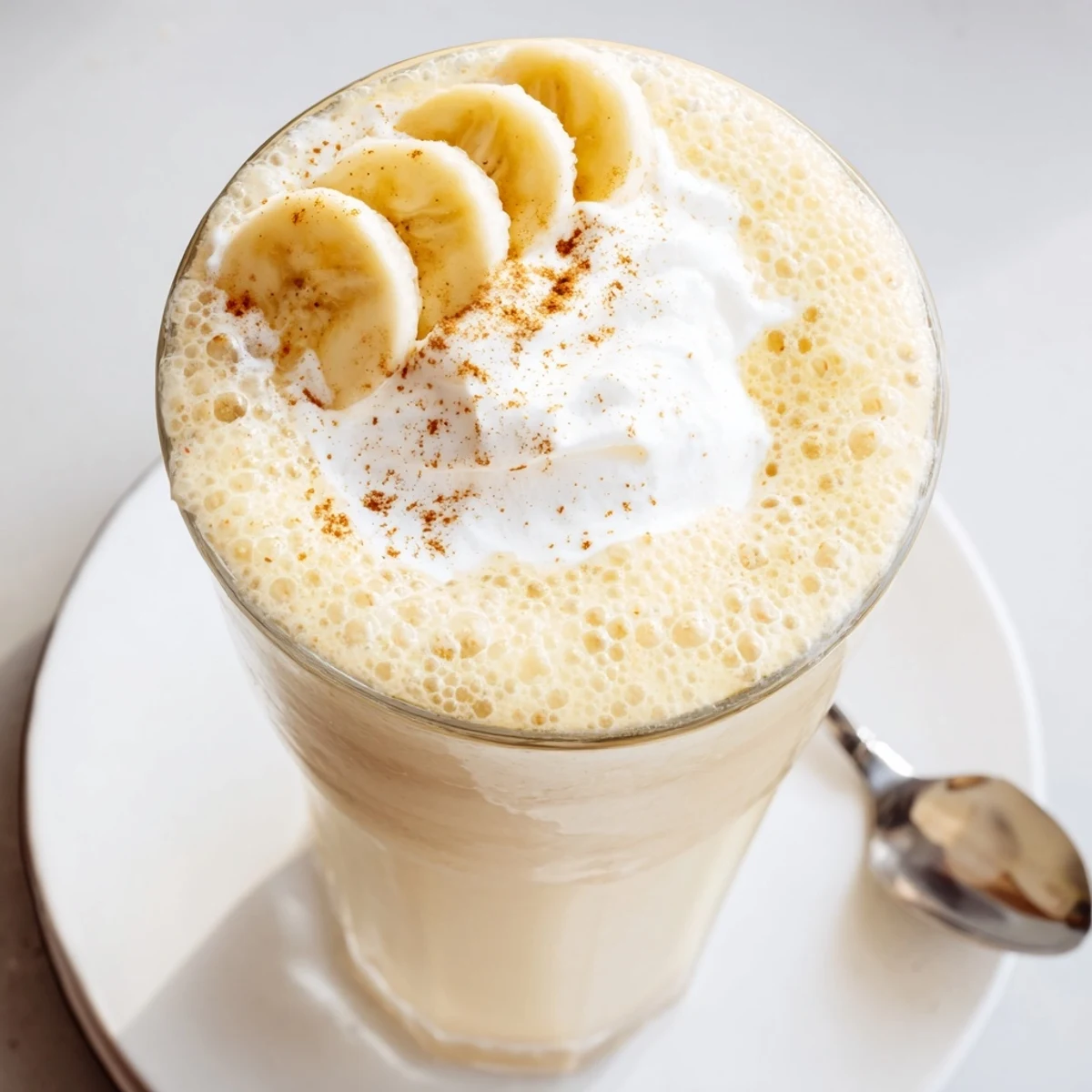 Creamy Vanilla Banana Shake poured beside sliced bananas and whipped cream