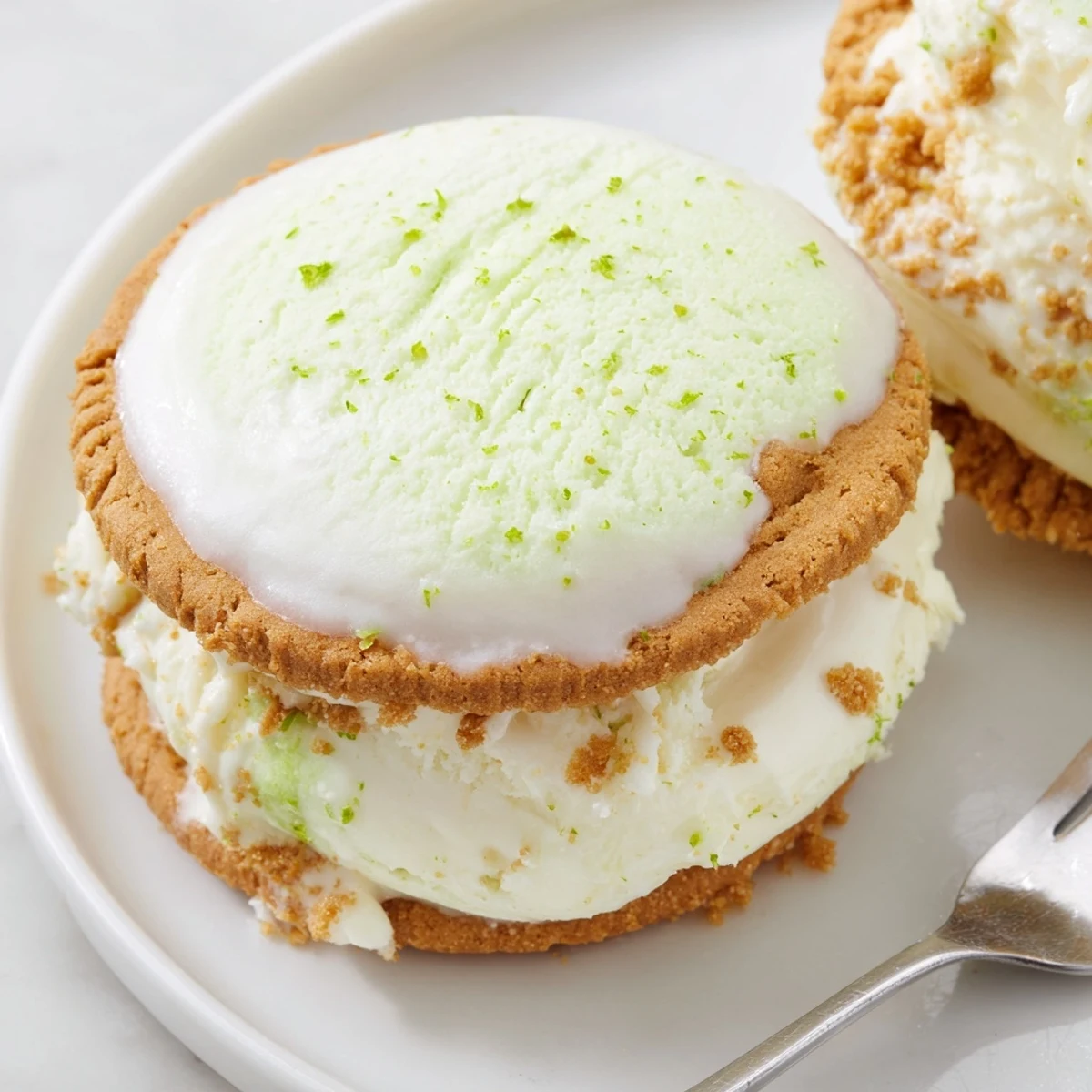 Homemade Key Lime Pie Ice Cream Sandwiches, creamy centers rolled in crushed graham.