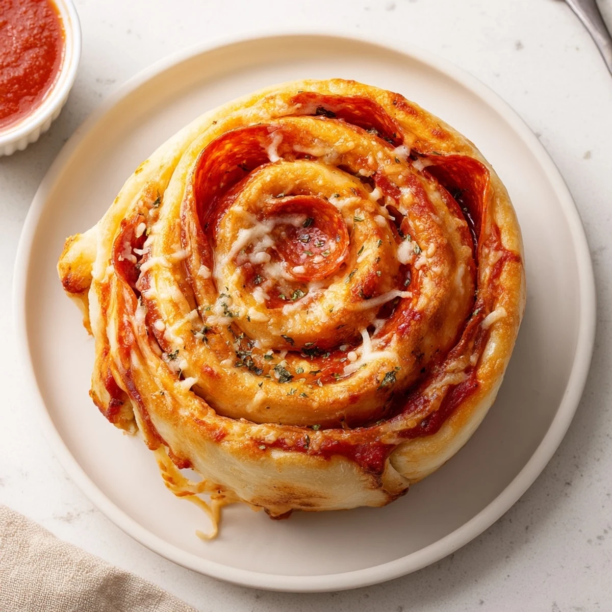 Warm, buttery Pepperoni Pizza Roll Breadsticks sliced, flaky edges and pepperoni pockets