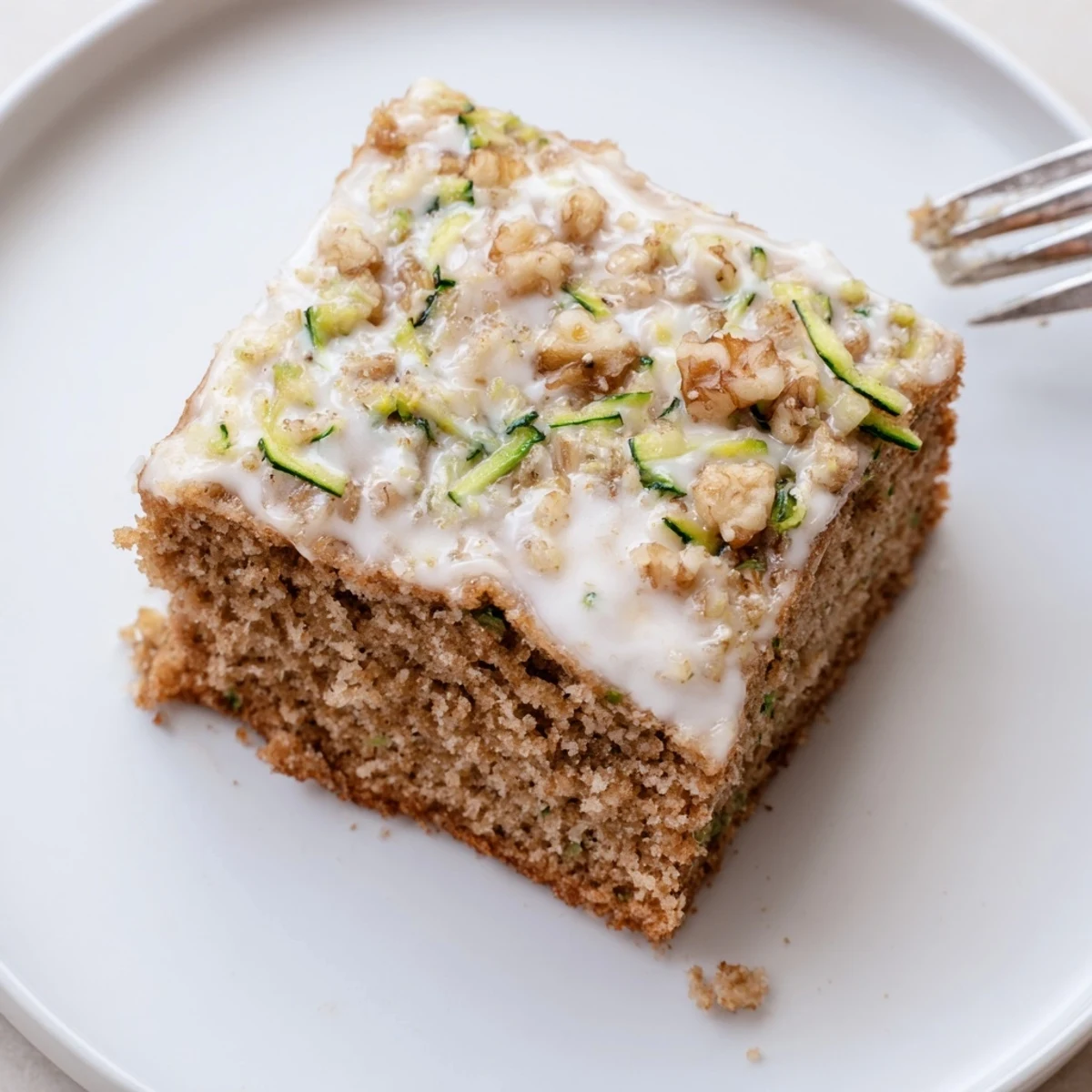 Moist Zucchini Cake With Brown Sugar Icing sliced on wooden board