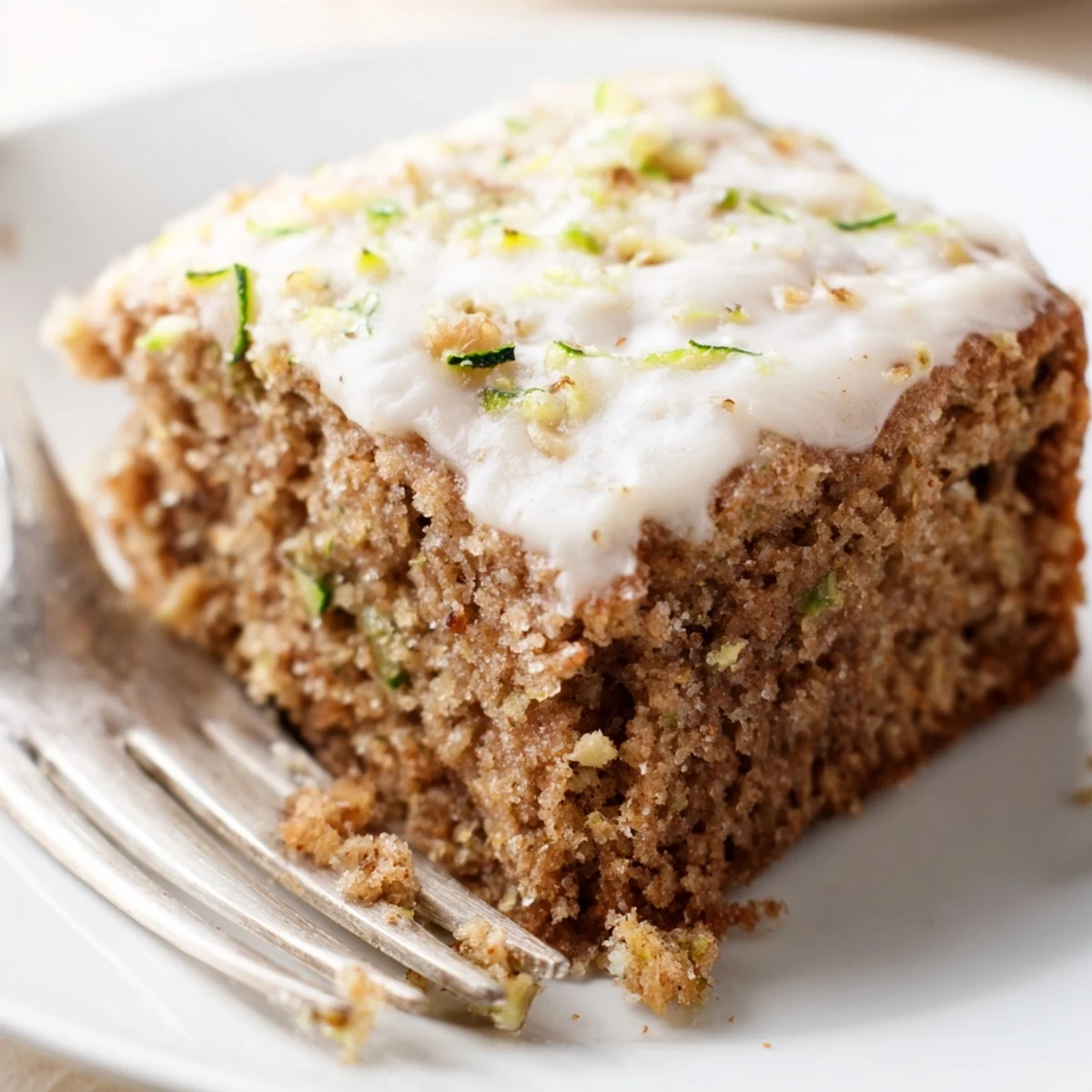 Warm squares of Zucchini Cake With Brown Sugar Icing alongside coffee