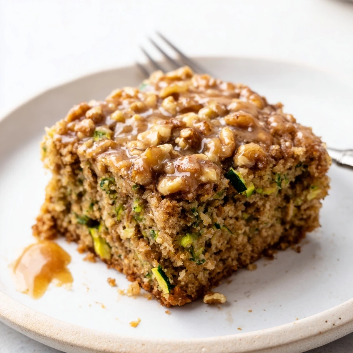 Close-up fork breaking into tender Zucchini Cake With Brown Sugar Icing