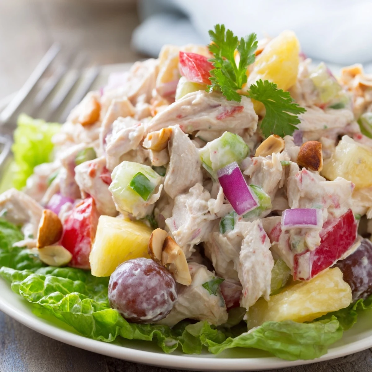 Hawaiian Chicken Salad Recipe served on butter lettuce with toasted macadamias  