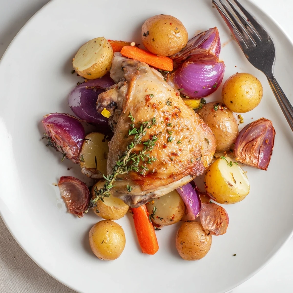 Roasted golden Sheet Pan Chicken And Potatoes with crispy skin and herbs