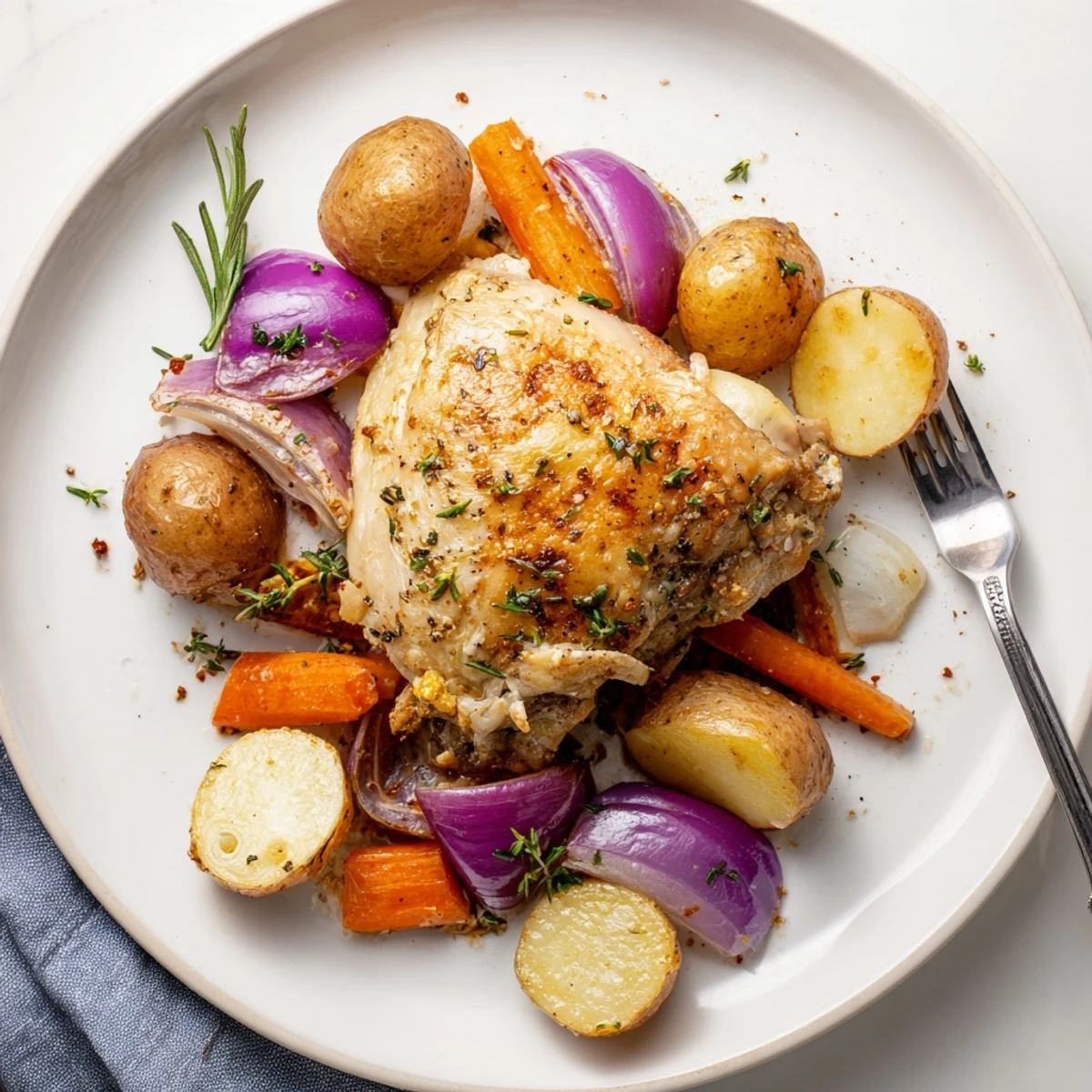 Family-style Sheet Pan Chicken And Potatoes resting, juicy thighs, rosemary aroma