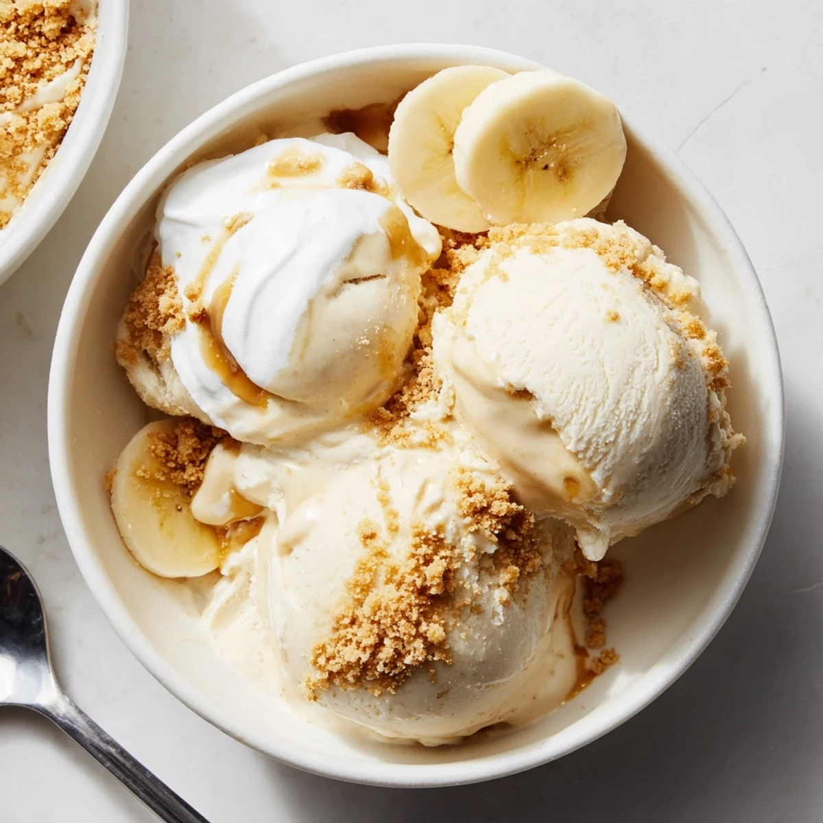 Chilled Ninja Creami Banana Cream Pie Ice Cream, silky banana custard and crumbs.