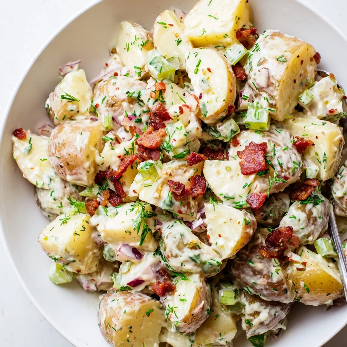 Steakhouse Potato Salad piled in bowl, creamy dressing and crispy bacon.