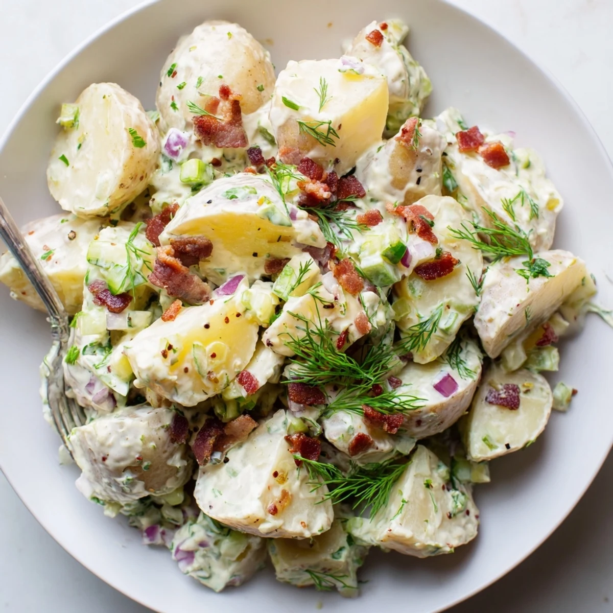 Ready for grilled meals, Steakhouse Potato Salad garnished with fresh chives and bacon.