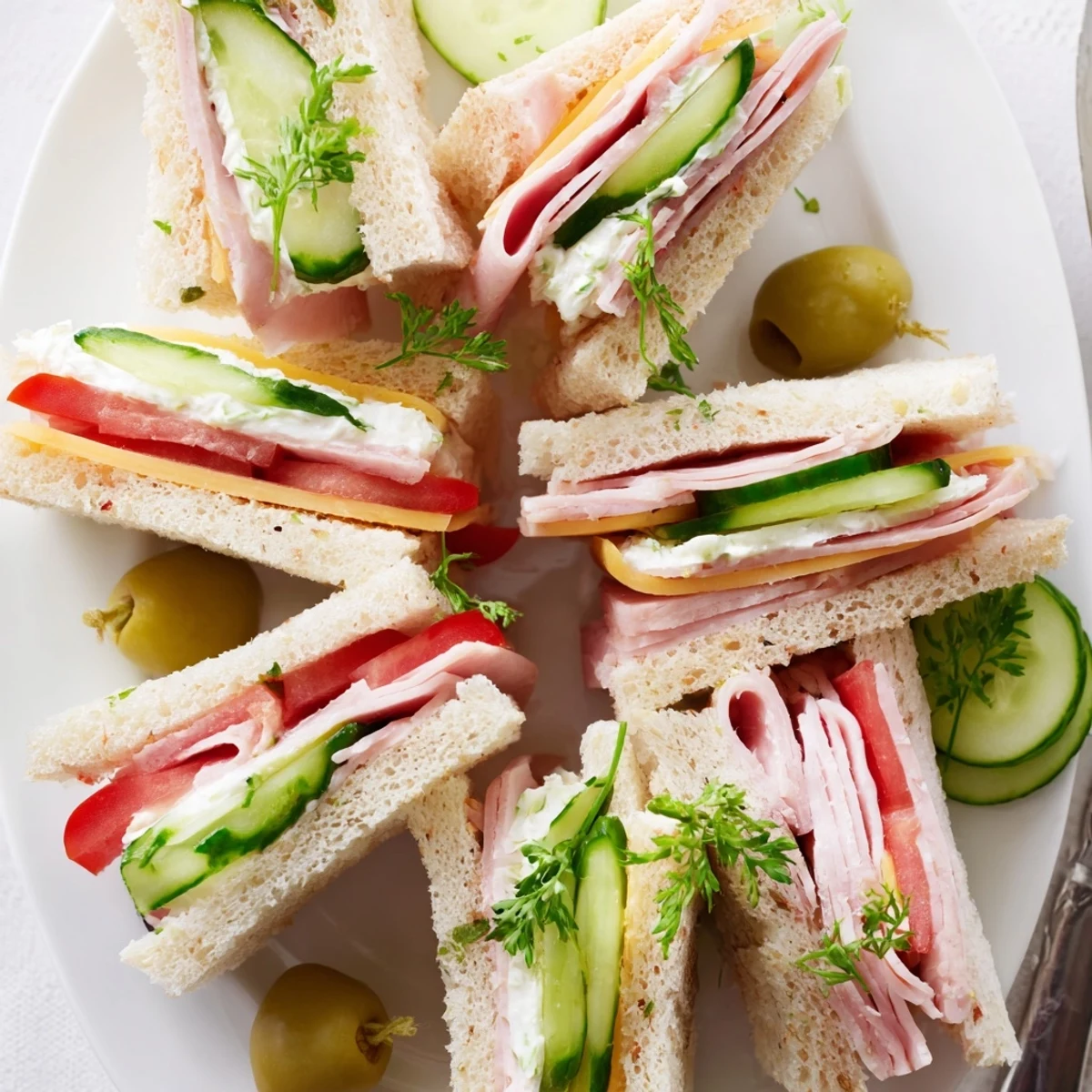 Mini Sandwiches arranged on platter with soft bread, creamy cheese, herb garnish