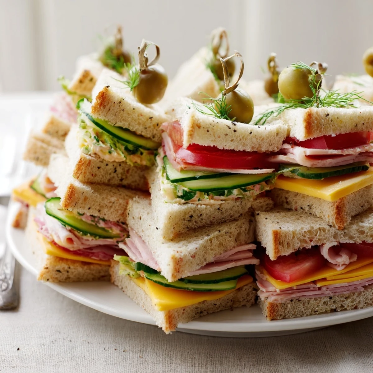 Stack of Mini Sandwiches for picnic, tender bread, tangy pickles and herbs