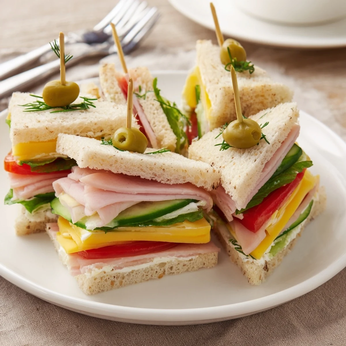 Plump Mini Sandwiches cut into triangles, crisp cucumber and tomato peeking