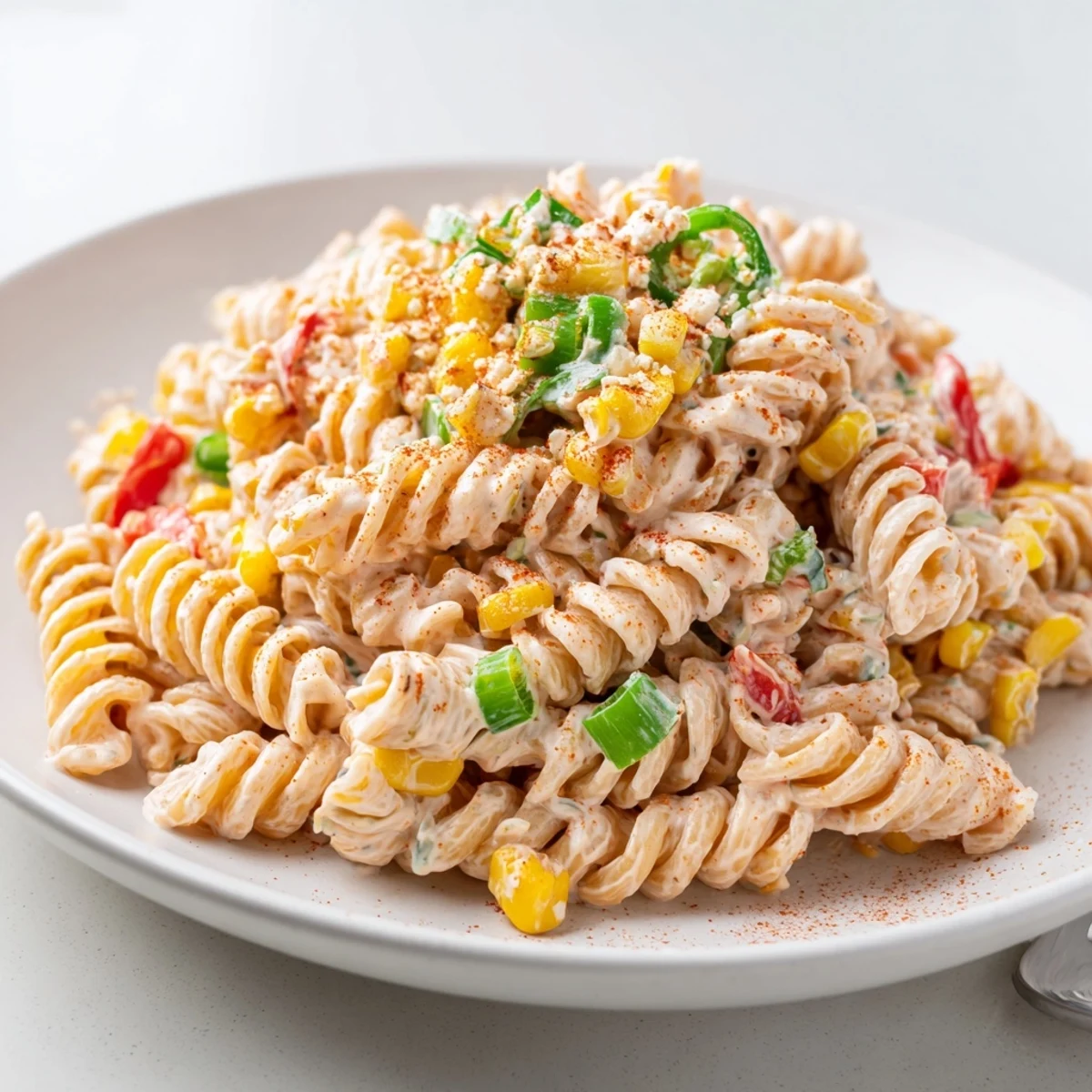 Street Corn Pasta Salad with charred corn, creamy chili-lime dressing, cilantro.