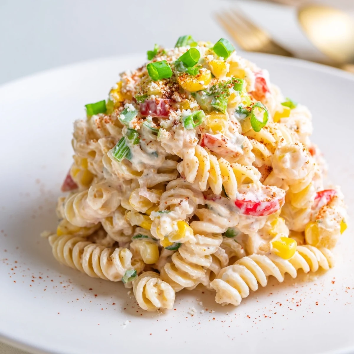 A bowl of Street Corn Pasta Salad chilled for picnic, sprinkled with Cotija.