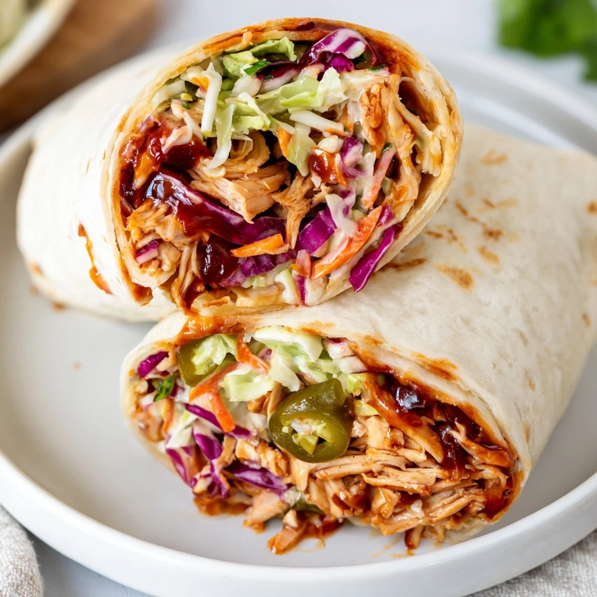 Bbq Chicken Coleslaw Wraps halved, smoky chicken and crunchy slaw visible  