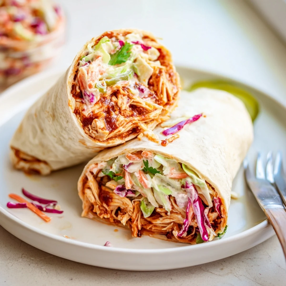Warm Bbq Chicken Coleslaw Wraps on plate with tangy slaw and cilantro  